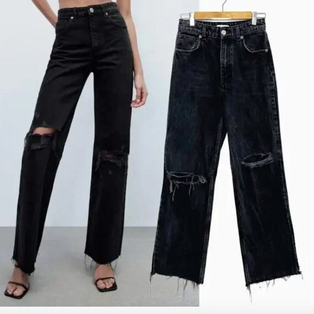 NWT ZARA Black Denim High Rise Ripped Distressed Wide Leg Full Length Jeans 2